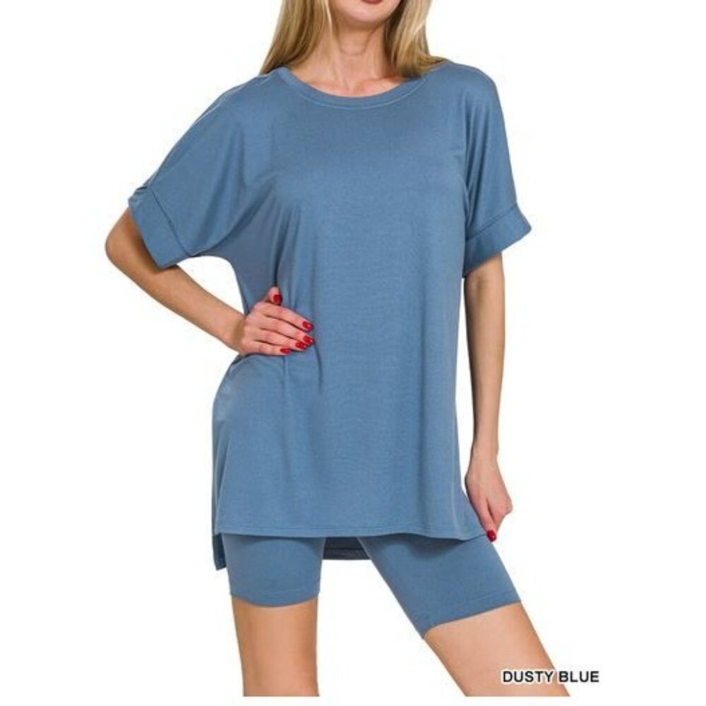 🩵👥Dusty Blue Brushed DTY Microfiber V-neck Top & Biker Shorts Sizes S-XL